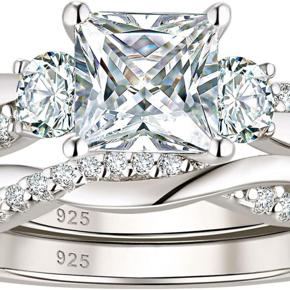 Sterling Silver Wedding Ring Set Princess Cut CZ Engagement Bands for Women